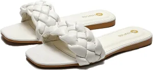 Womens Flat Slide Sandals,nude braided sandals for women,Square Open Toe Slippers Cute Slip On Summer Fashion Shoes Casual.