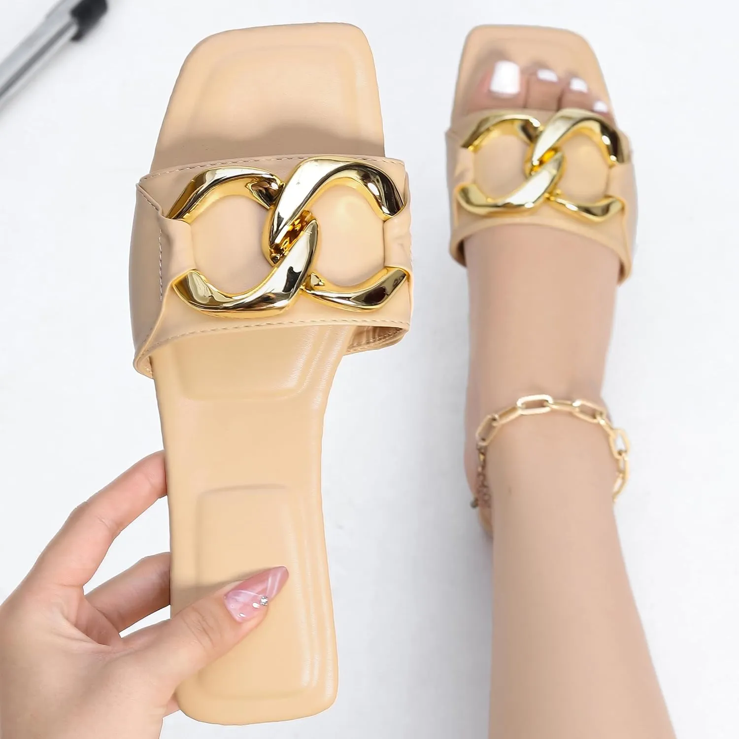 Women's Flat Slides square open toe Slippers Shoes Summer leather dressy sandals for women.