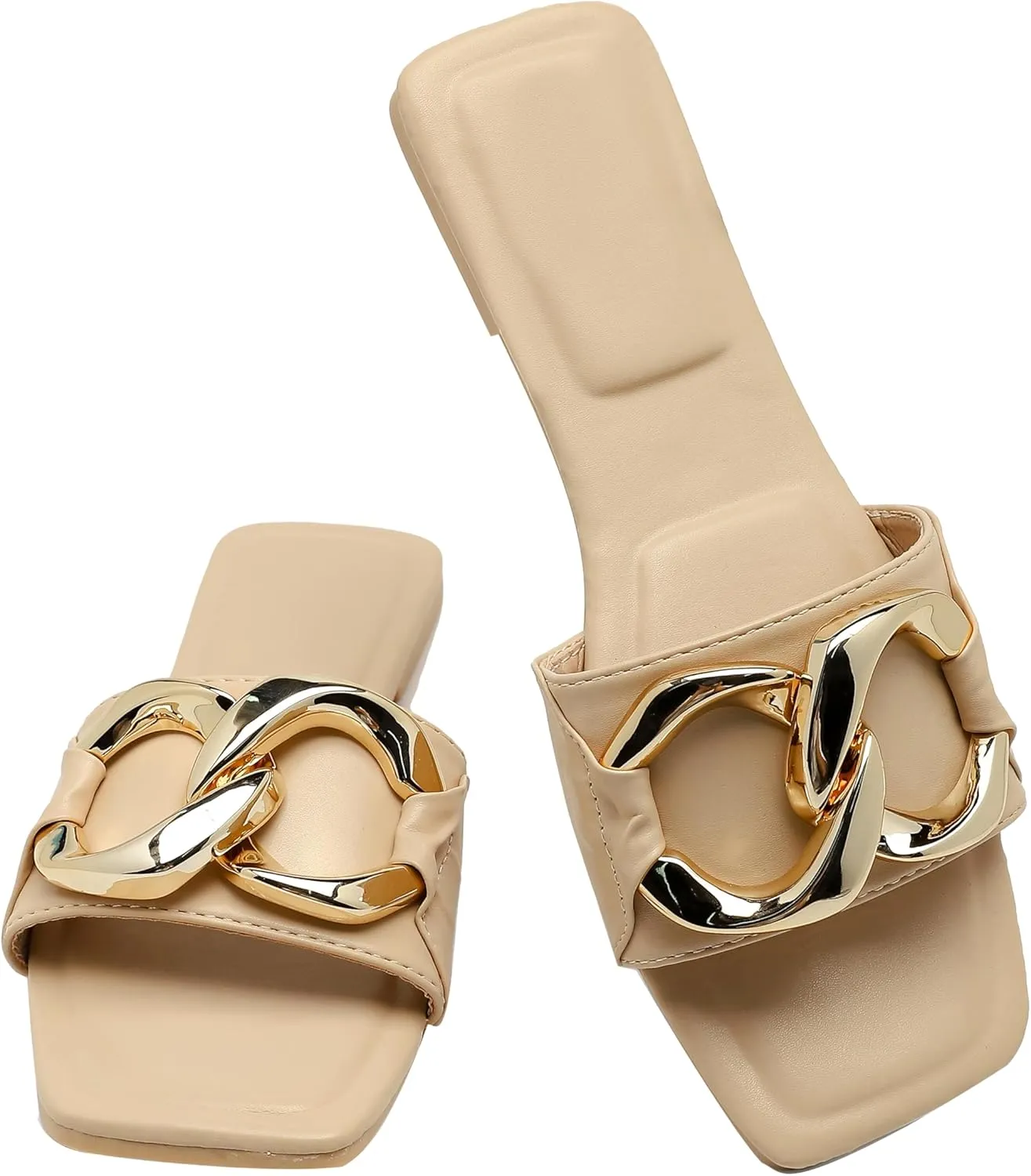 Women's Flat Slides square open toe Slippers Shoes Summer leather dressy sandals for women.