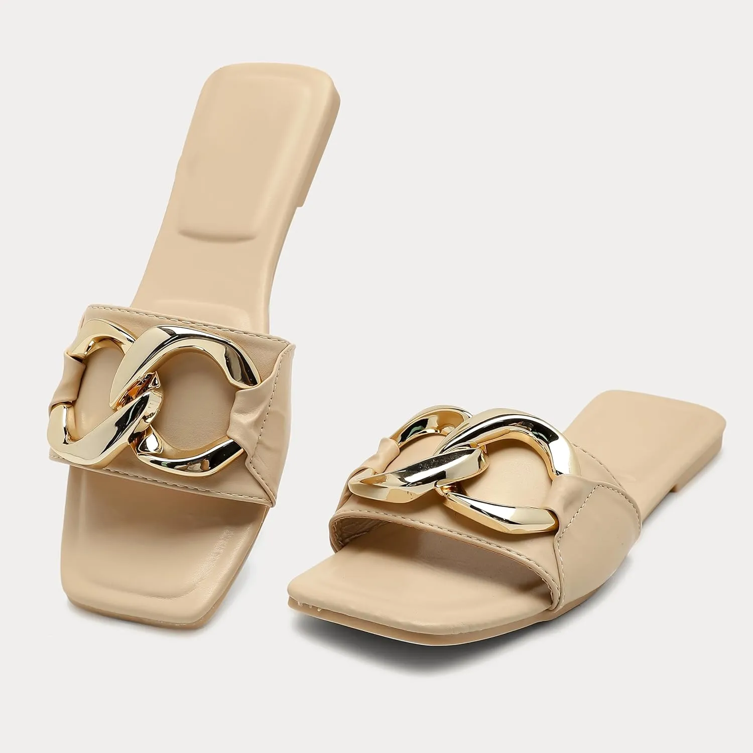 Women's Flat Slides square open toe Slippers Shoes Summer leather dressy sandals for women.