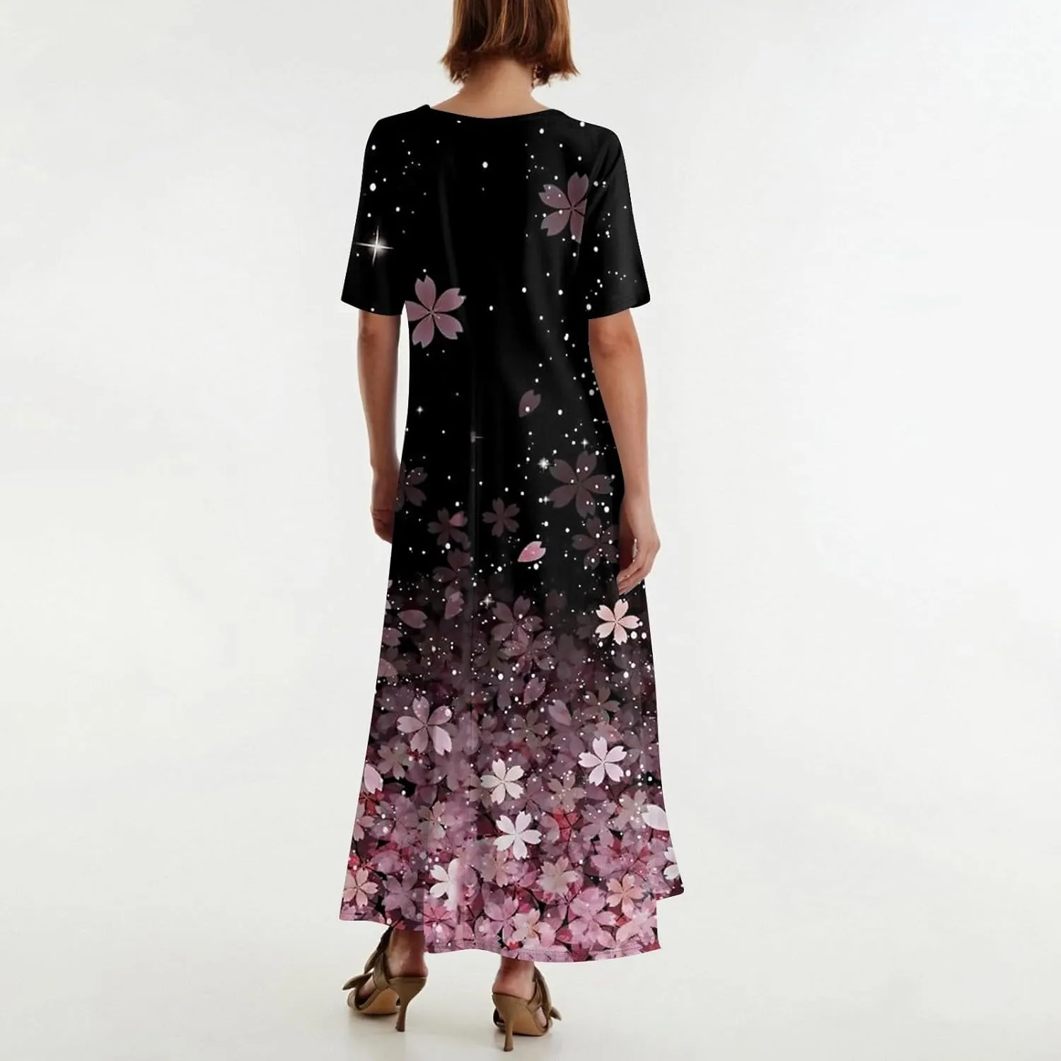 Women's Floral Maxi Dress with Pockets Elegant Casual Summer Beach Long Dress Short Sleeve Lightweight