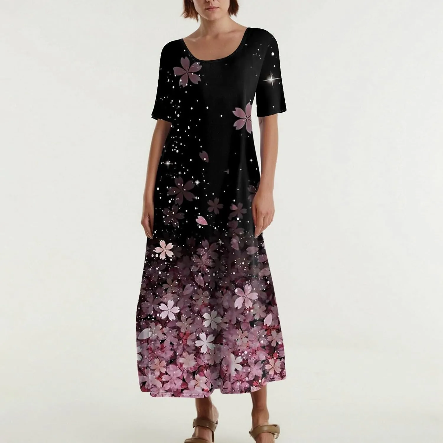 Women's Floral Maxi Dress with Pockets Elegant Casual Summer Beach Long Dress Short Sleeve Lightweight