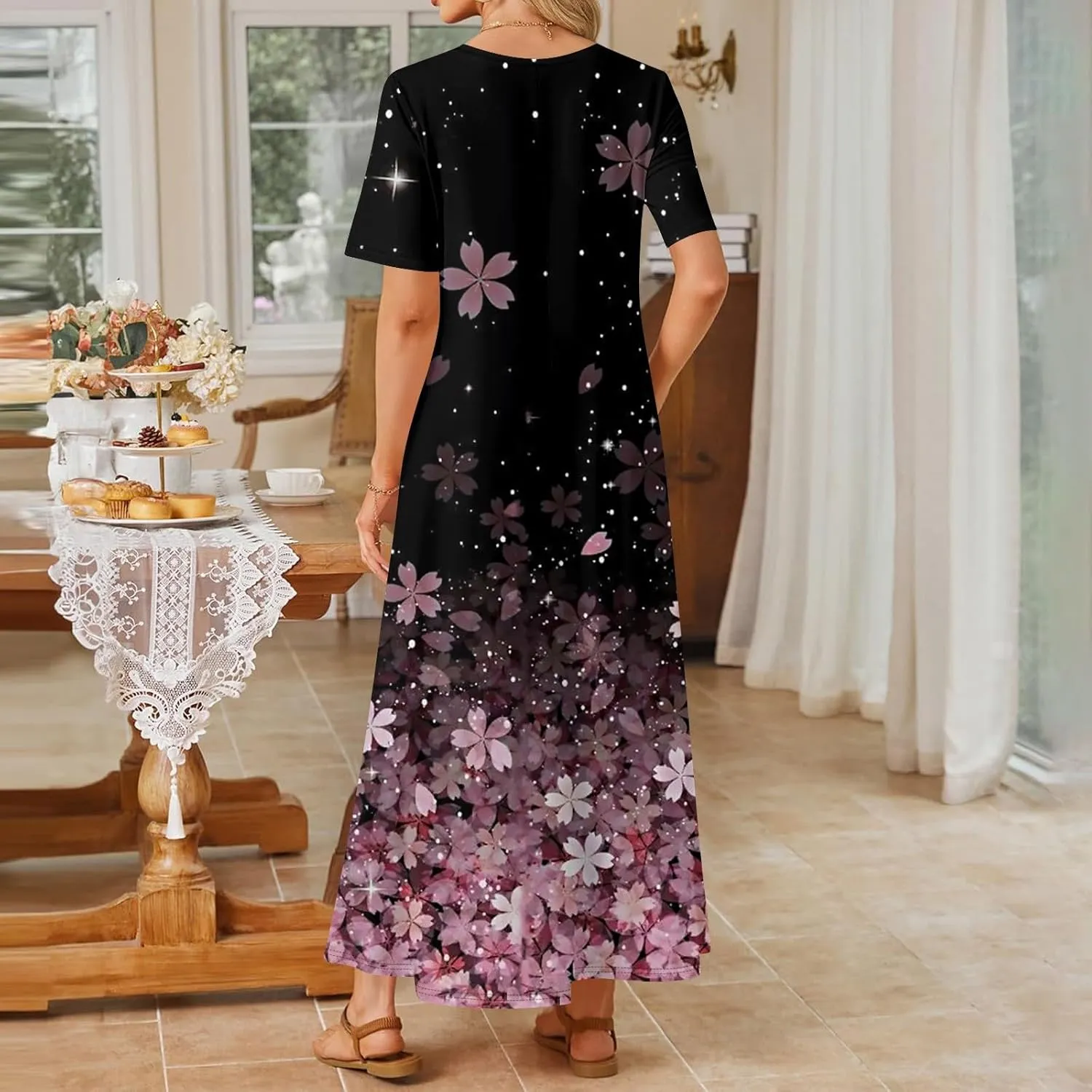 Women's Floral Maxi Dress with Pockets Elegant Casual Summer Beach Long Dress Short Sleeve Lightweight