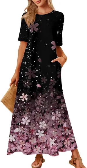 Women's Floral Maxi Dress with Pockets Elegant Casual Summer Beach Long Dress Short Sleeve Lightweight