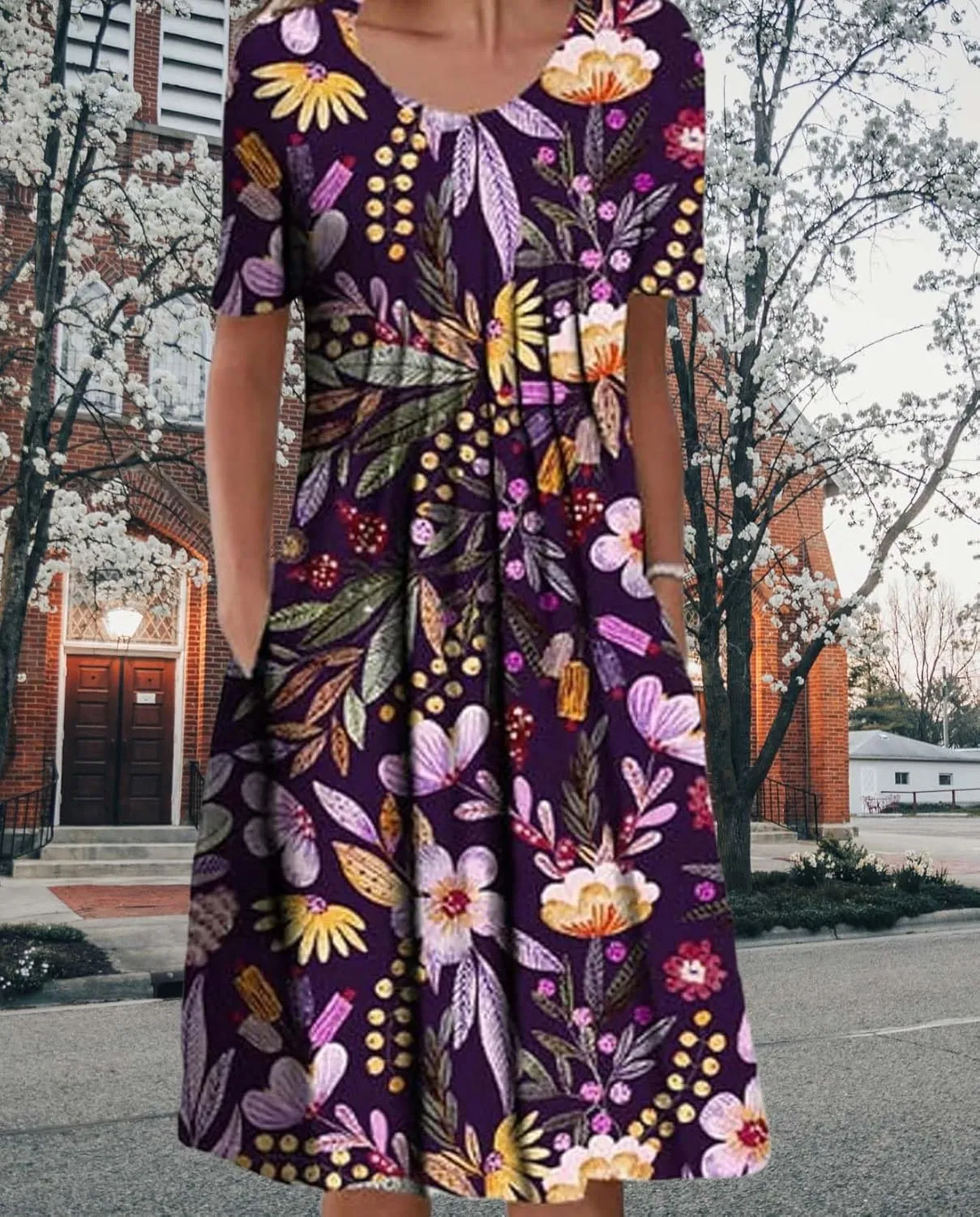 Womens Floral Print Summer Dresses Casual Plus Size Short Sleeve Knee Length Classy Beach Tropical Dress with Pocket