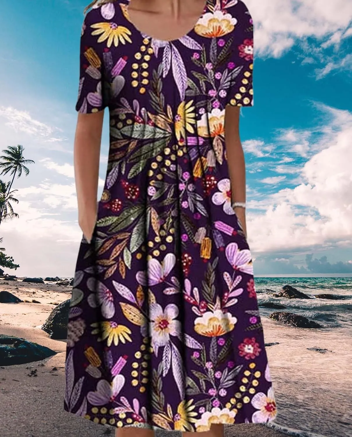 Womens Floral Print Summer Dresses Casual Plus Size Short Sleeve Knee Length Classy Beach Tropical Dress with Pocket