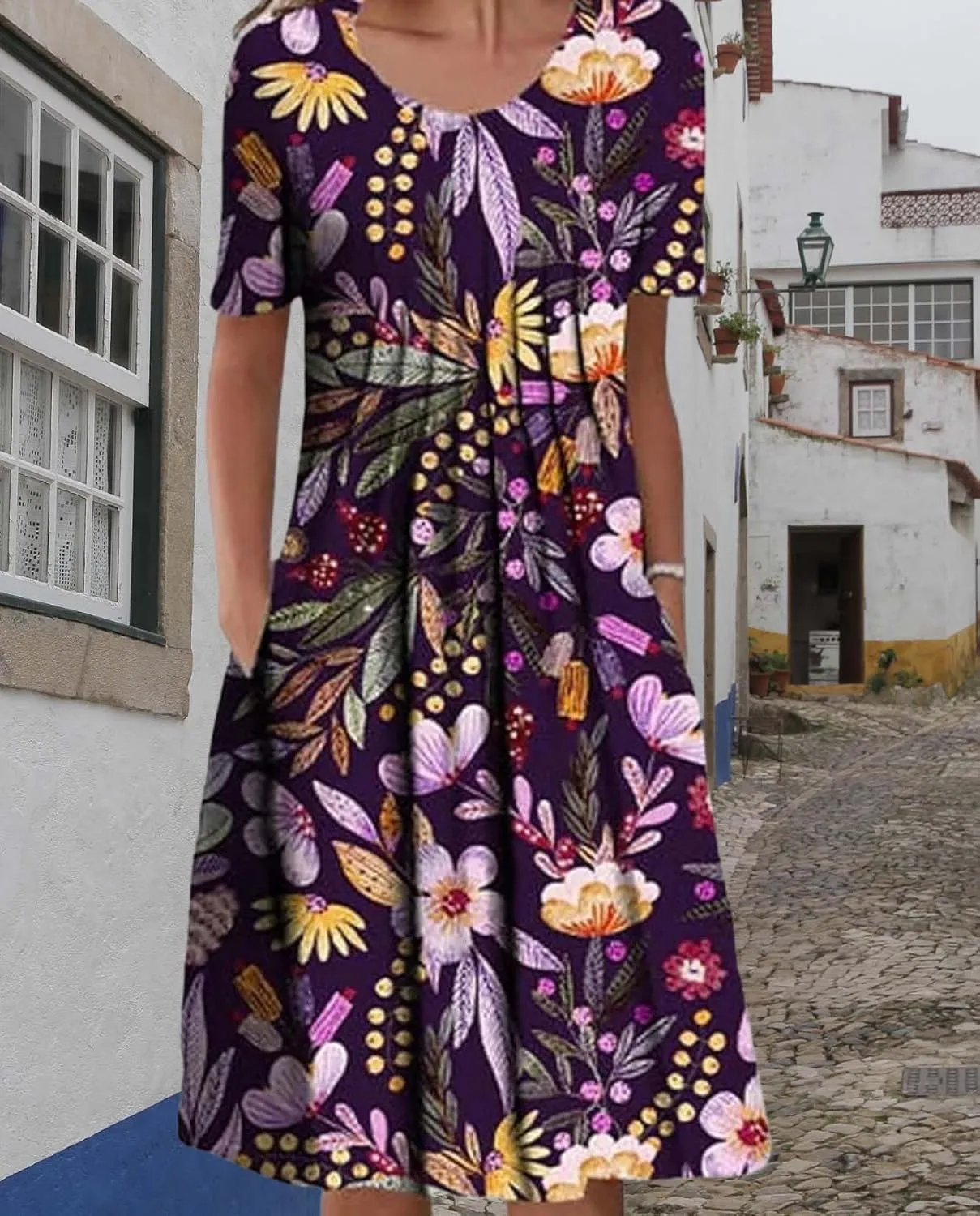 Womens Floral Print Summer Dresses Casual Plus Size Short Sleeve Knee Length Classy Beach Tropical Dress with Pocket