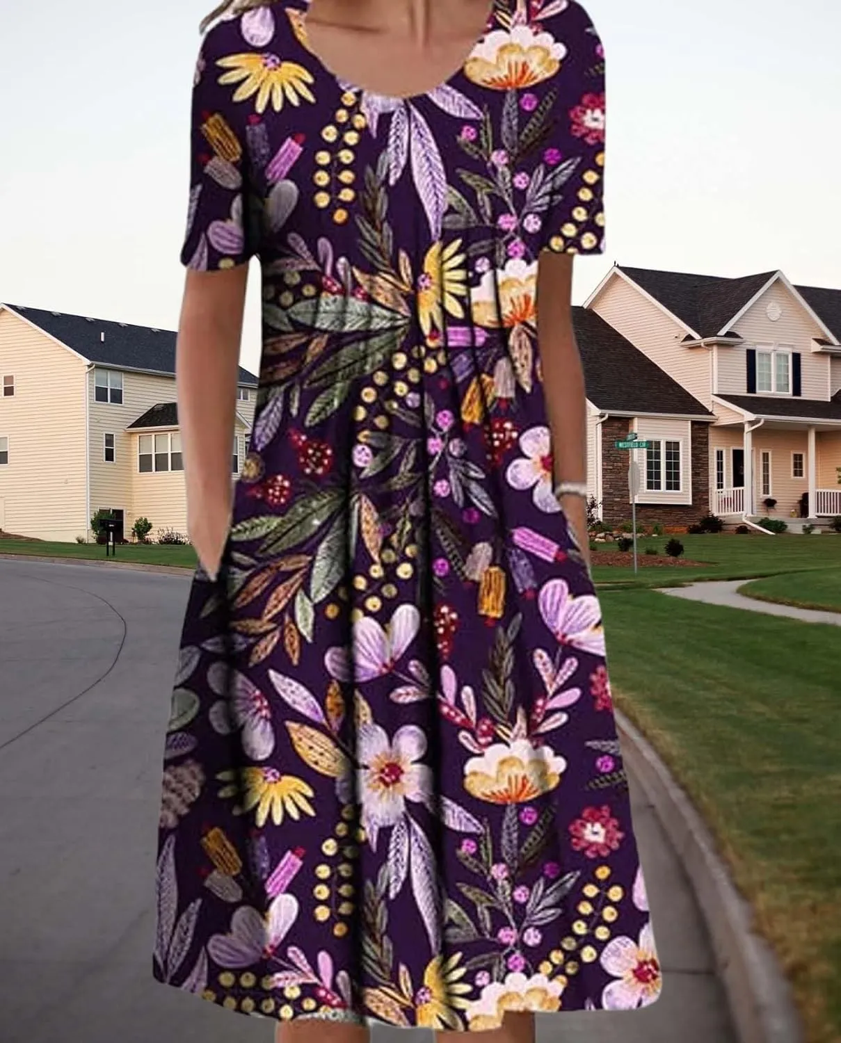 Womens Floral Print Summer Dresses Casual Plus Size Short Sleeve Knee Length Classy Beach Tropical Dress with Pocket