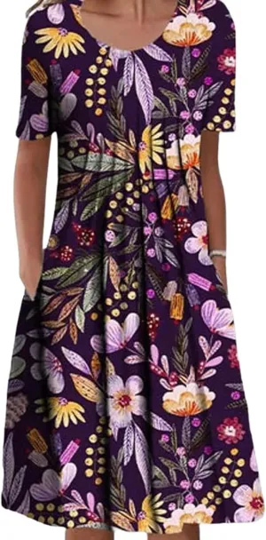 Womens Floral Print Summer Dresses Casual Plus Size Short Sleeve Knee Length Classy Beach Tropical Dress with Pocket