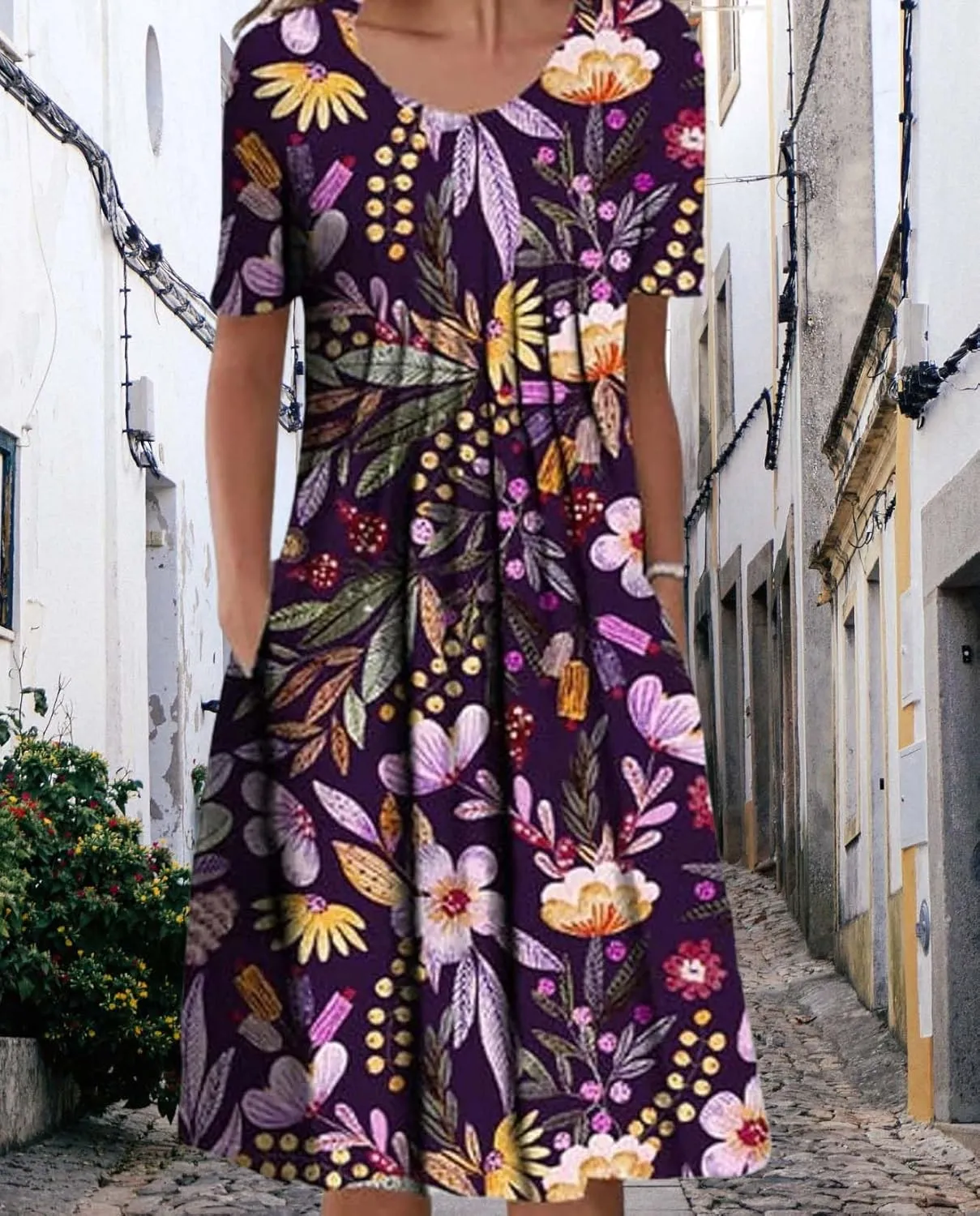 Womens Floral Print Summer Dresses Casual Plus Size Short Sleeve Knee Length Classy Beach Tropical Dress with Pocket