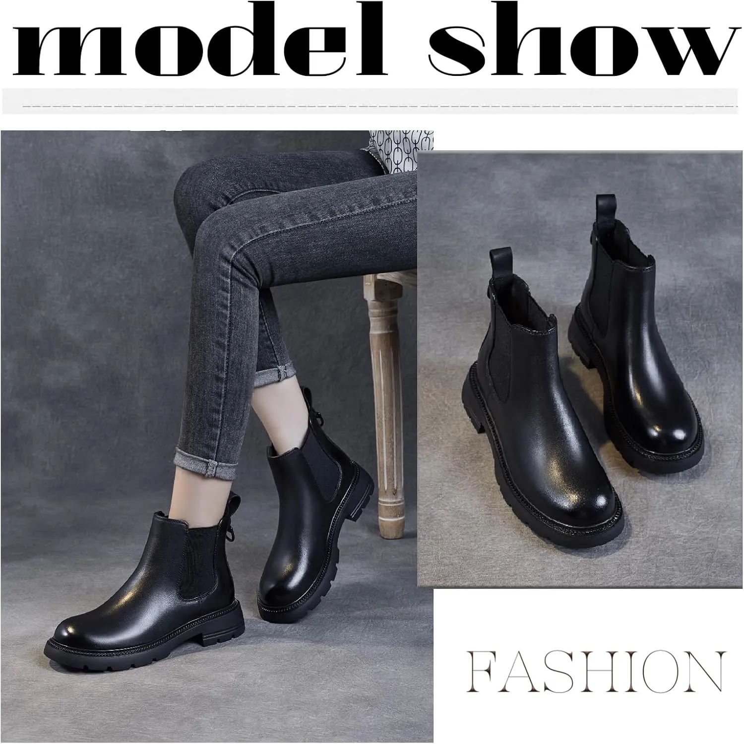 Women's Genuine Leather Chunky Heel Ankle Boots Fashion Comfortable Round Toe Non-slip Lug Sole Low Heel Booties Fall Winter Daily Work Dress Boots