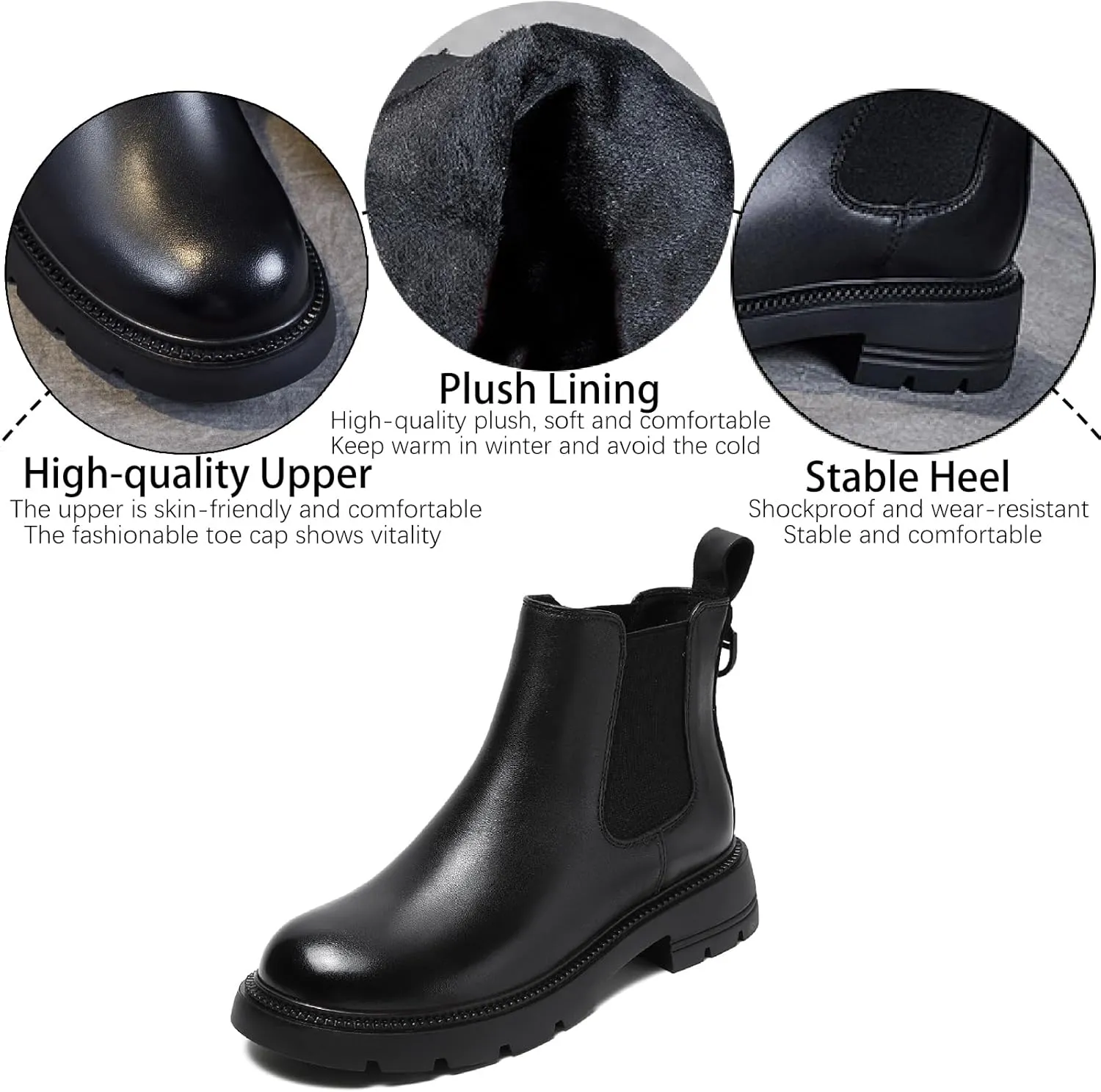 Women's Genuine Leather Chunky Heel Ankle Boots Fashion Comfortable Round Toe Non-slip Lug Sole Low Heel Booties Fall Winter Daily Work Dress Boots