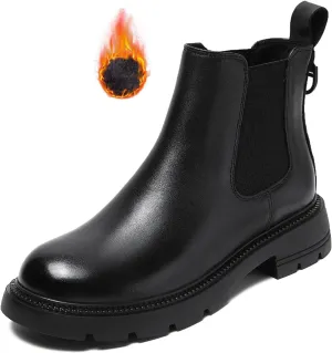 Women's Genuine Leather Chunky Heel Ankle Boots Fashion Comfortable Round Toe Non-slip Lug Sole Low Heel Booties Fall Winter Daily Work Dress Boots