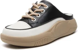 Women's Genuine Leather Closed Toe Slip-On Clog Shoes Comfort Round Toe Lace Up Casual Increase Height Mules Wear-Resistant Platform Summer Outdoor Walking Sneakers