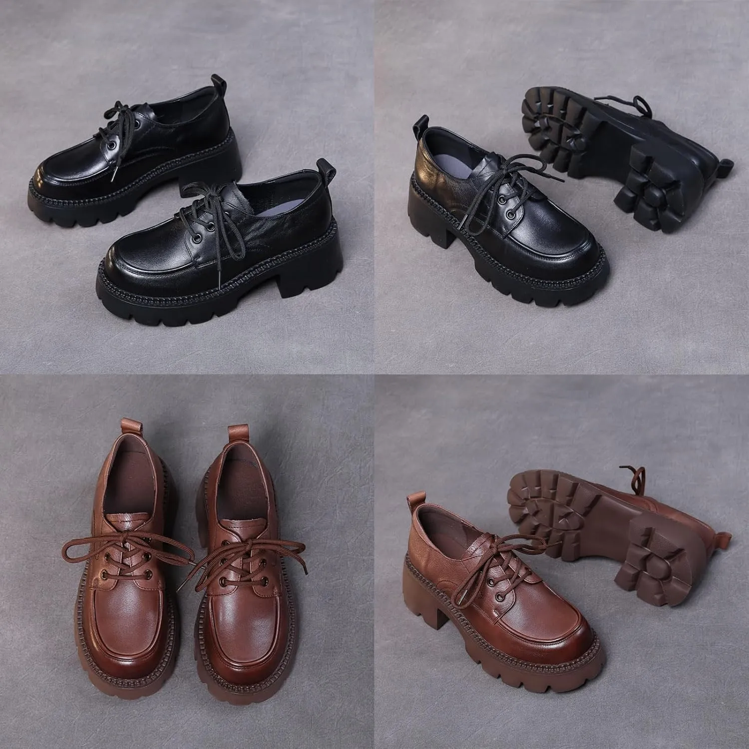 Women's Genuine Leather Lace Up Platform Oxfords Fashion Lug Sole Non-Slip Chunky Heel Loafers Comfortable Business Dress Office Shoes