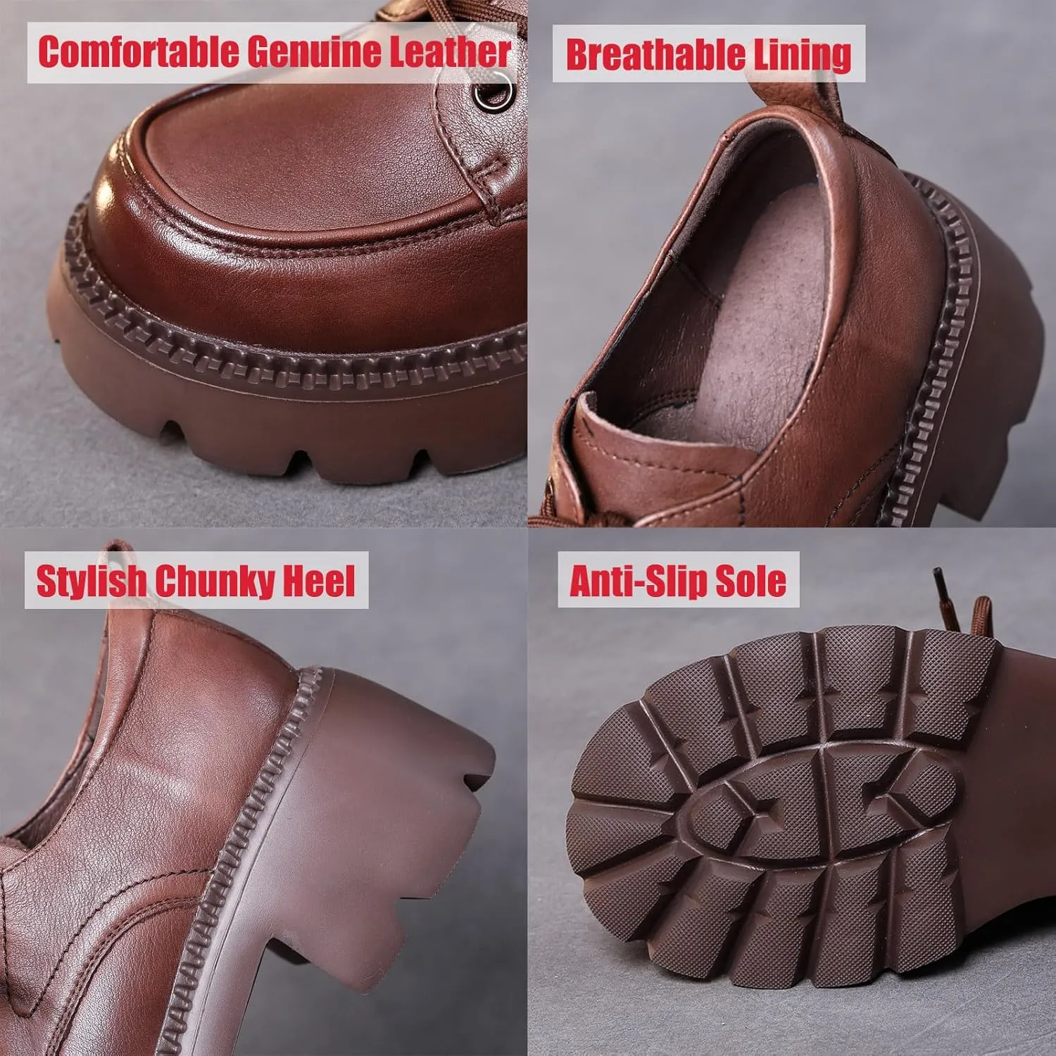 Women's Genuine Leather Lace Up Platform Oxfords Fashion Lug Sole Non-Slip Chunky Heel Loafers Comfortable Business Dress Office Shoes