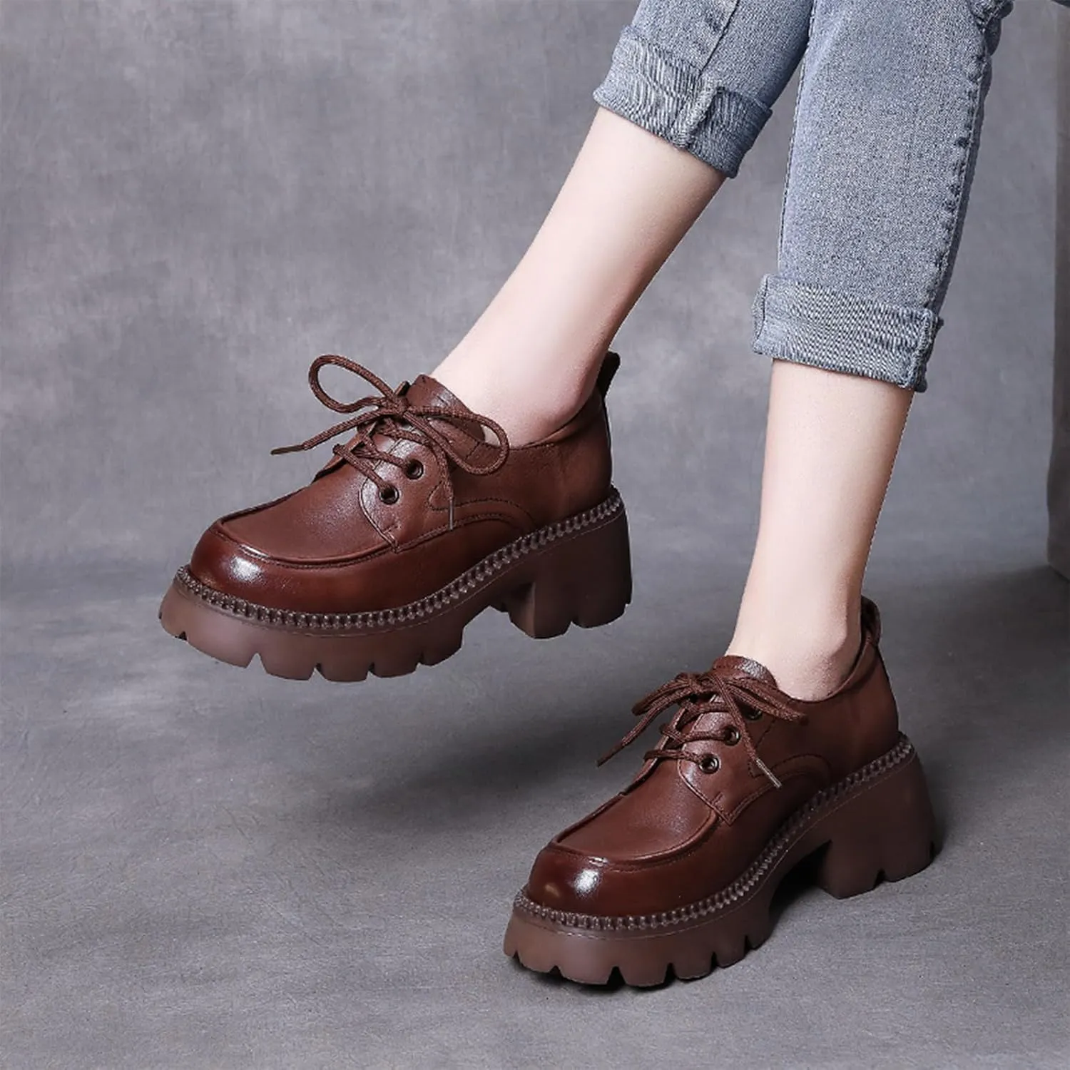 Women's Genuine Leather Lace Up Platform Oxfords Fashion Lug Sole Non-Slip Chunky Heel Loafers Comfortable Business Dress Office Shoes
