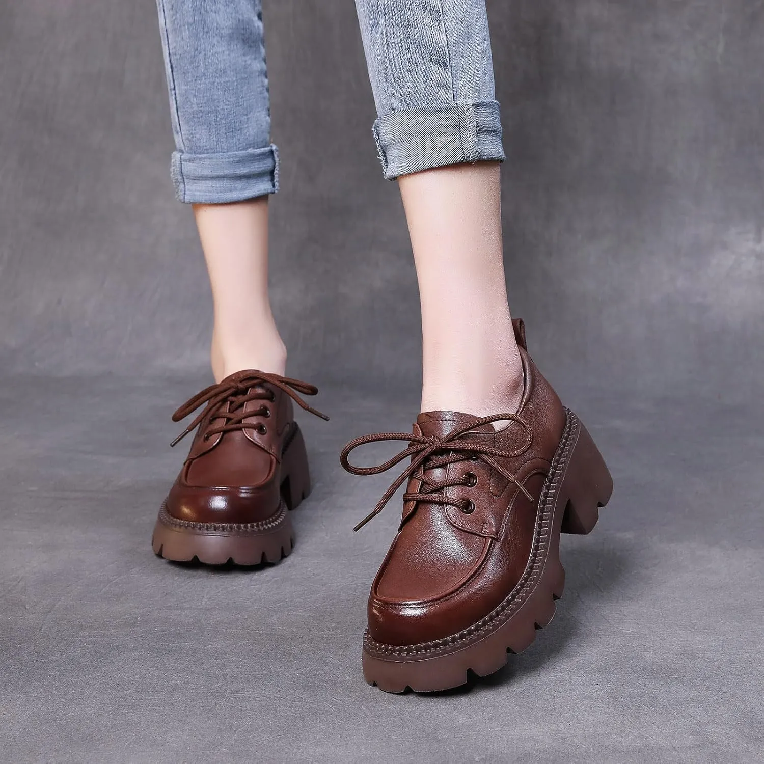 Women's Genuine Leather Lace Up Platform Oxfords Fashion Lug Sole Non-Slip Chunky Heel Loafers Comfortable Business Dress Office Shoes