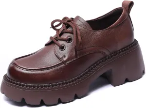Women's Genuine Leather Lace Up Platform Oxfords Fashion Lug Sole Non-Slip Chunky Heel Loafers Comfortable Business Dress Office Shoes