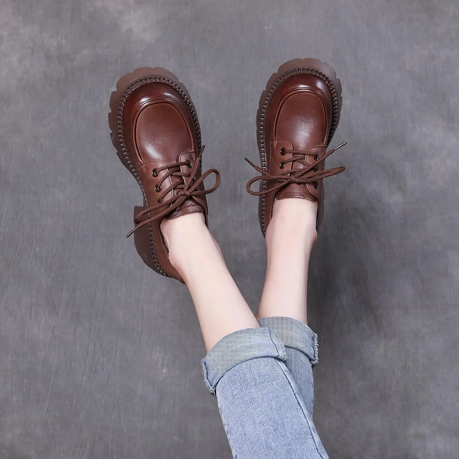 Women's Genuine Leather Lace Up Platform Oxfords Fashion Lug Sole Non-Slip Chunky Heel Loafers Comfortable Business Dress Office Shoes
