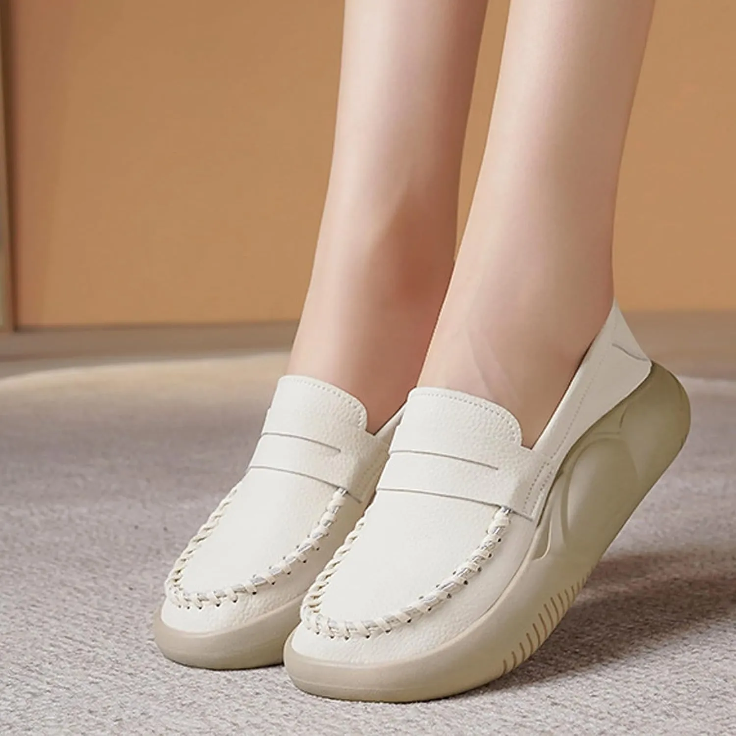 Women's Hand Stitching Platform Leather Slip On Loafers,Comfort Round Toe Lightweight Soft Sole Increase Height Walking Shoes Low Top Work Nurse Shoes Driving Moccasins