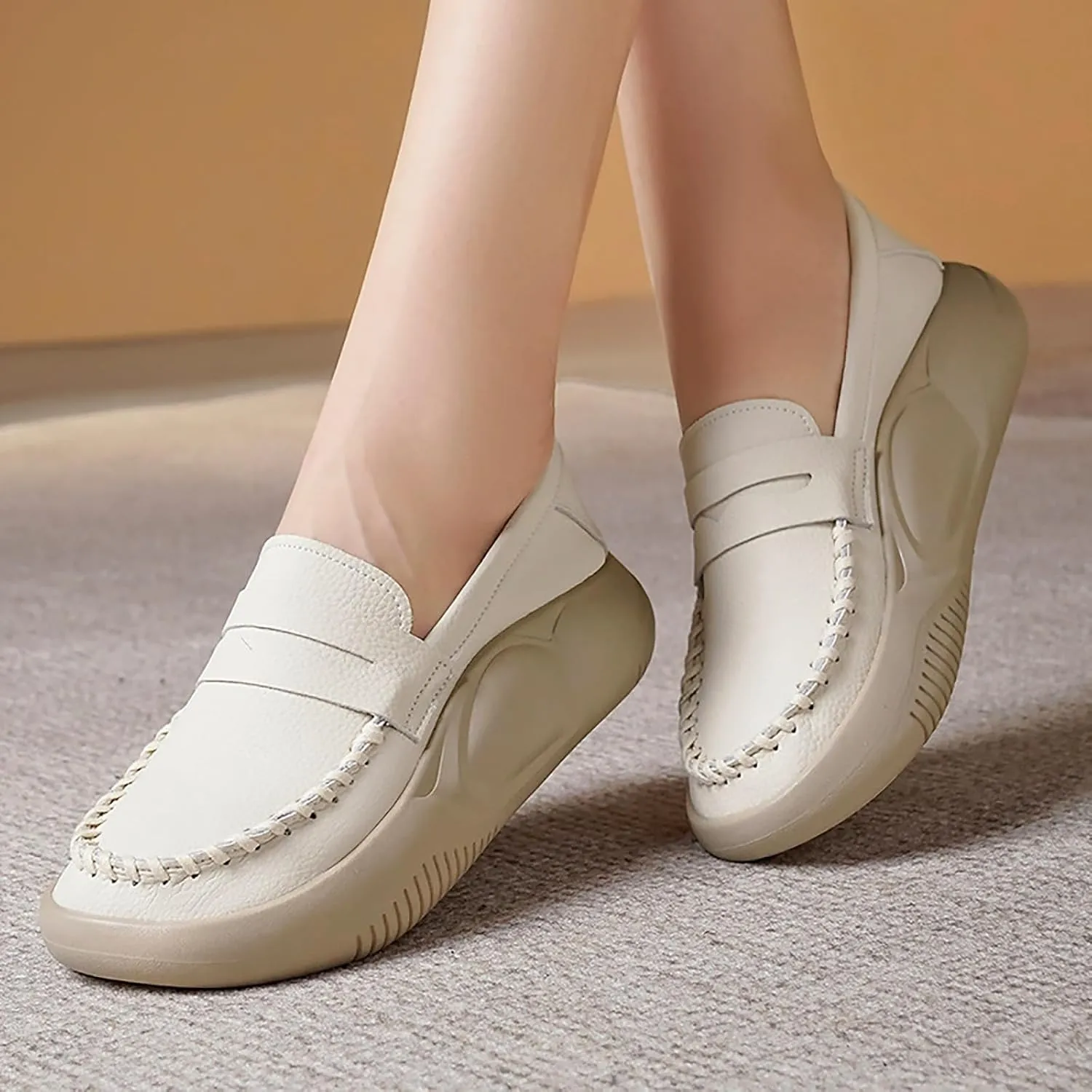 Women's Hand Stitching Platform Leather Slip On Loafers,Comfort Round Toe Lightweight Soft Sole Increase Height Walking Shoes Low Top Work Nurse Shoes Driving Moccasins