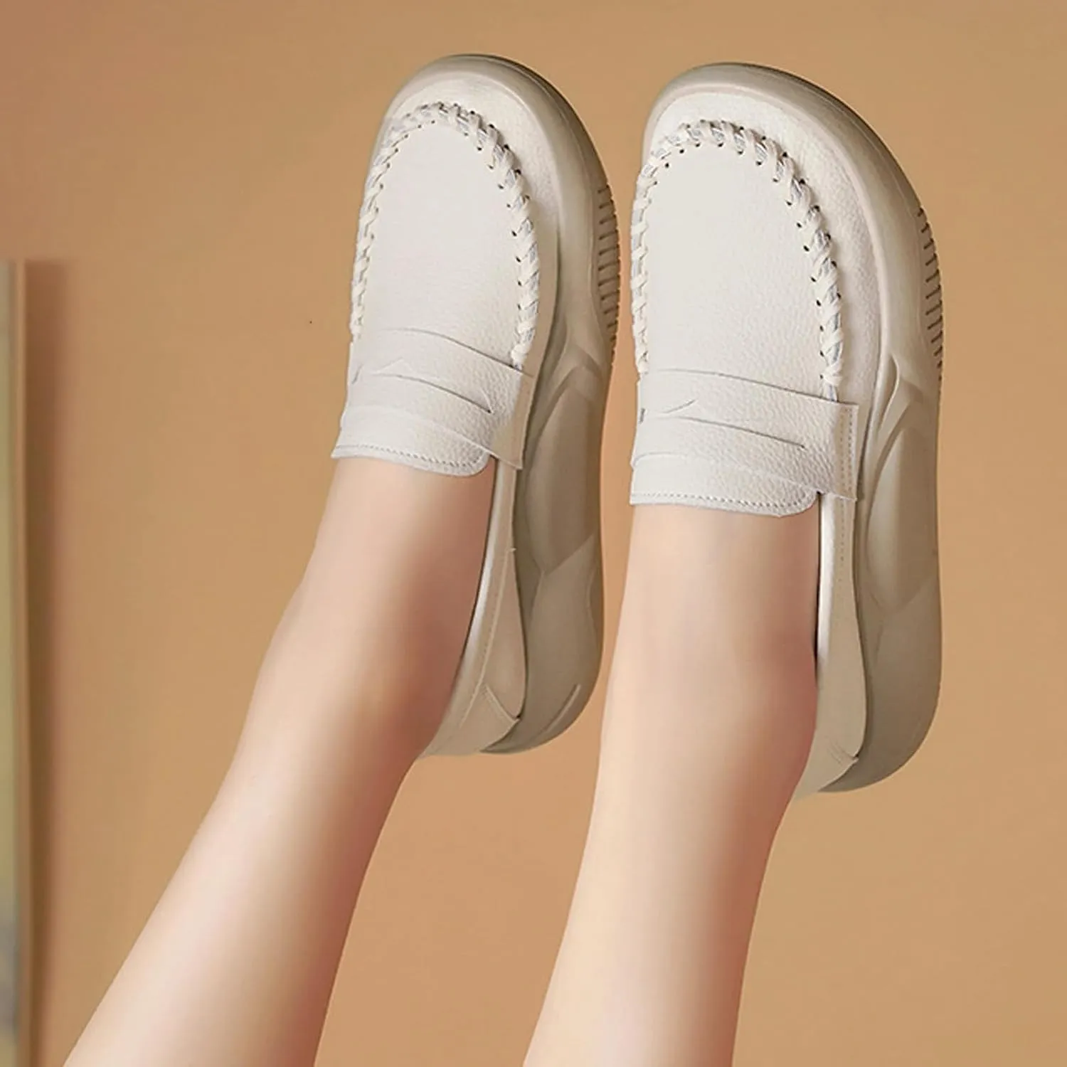 Women's Hand Stitching Platform Leather Slip On Loafers,Comfort Round Toe Lightweight Soft Sole Increase Height Walking Shoes Low Top Work Nurse Shoes Driving Moccasins