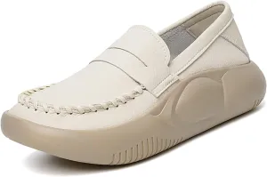 Women's Hand Stitching Platform Leather Slip On Loafers,Comfort Round Toe Lightweight Soft Sole Increase Height Walking Shoes Low Top Work Nurse Shoes Driving Moccasins