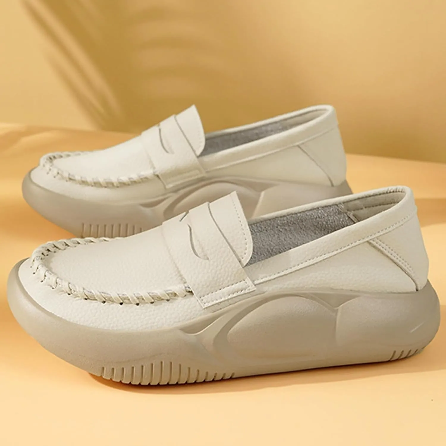 Women's Hand Stitching Platform Leather Slip On Loafers,Comfort Round Toe Lightweight Soft Sole Increase Height Walking Shoes Low Top Work Nurse Shoes Driving Moccasins