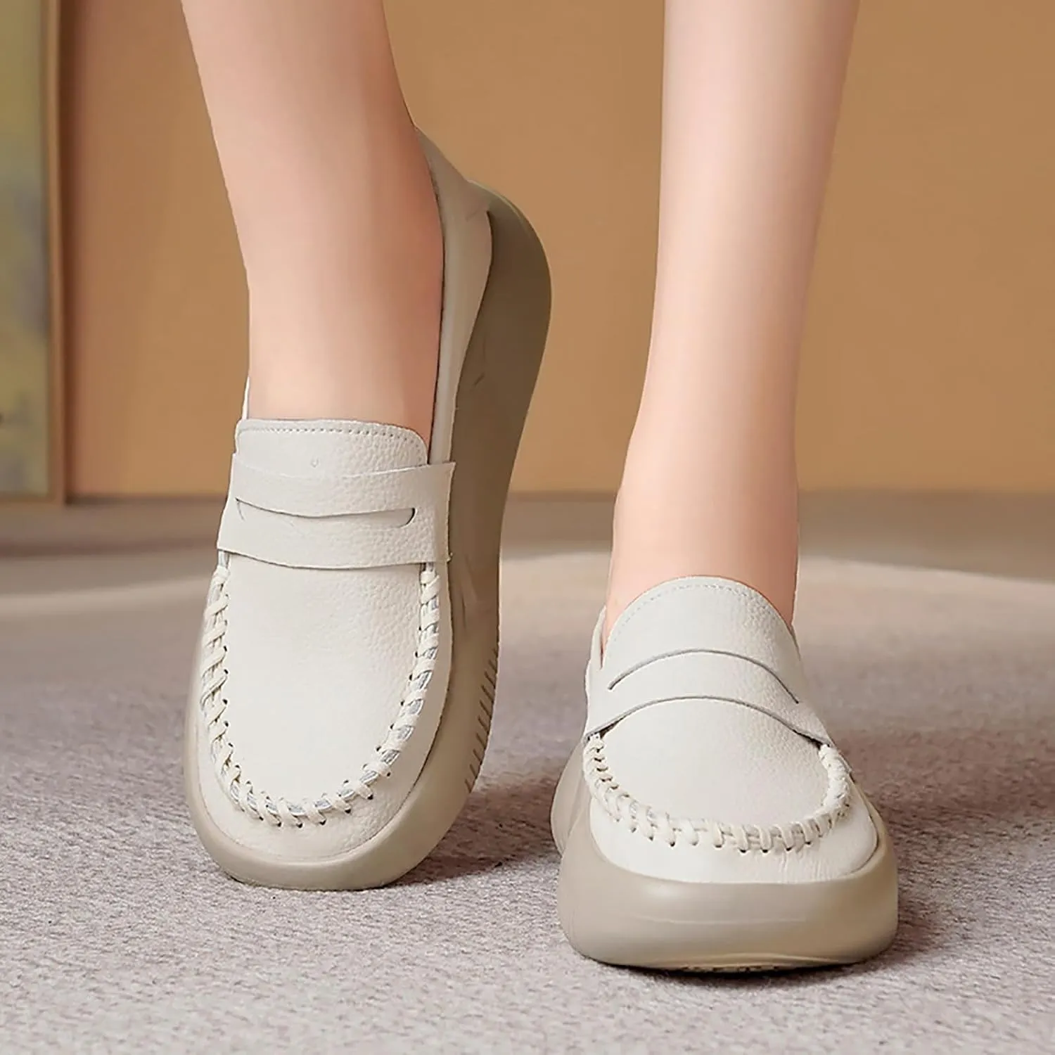 Women's Hand Stitching Platform Leather Slip On Loafers,Comfort Round Toe Lightweight Soft Sole Increase Height Walking Shoes Low Top Work Nurse Shoes Driving Moccasins