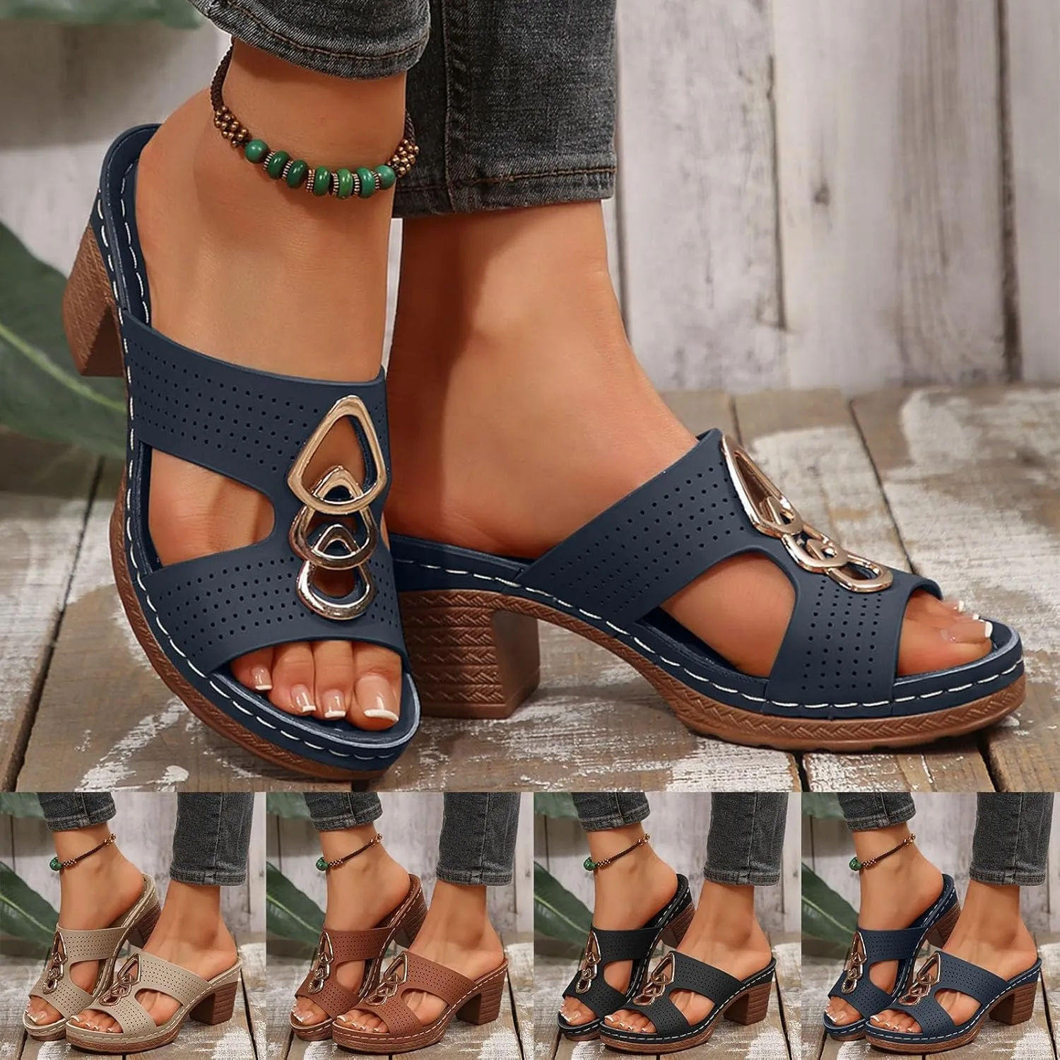 Women's Heeled Sandals Open Toe Slip On Block Womens Chunky Mid Heels Ankle Strap Sandal Metal Decoration Slippers Casual Comfortable Summer Flip Flops Backless Mules Adjustable Slide Walking Shoes