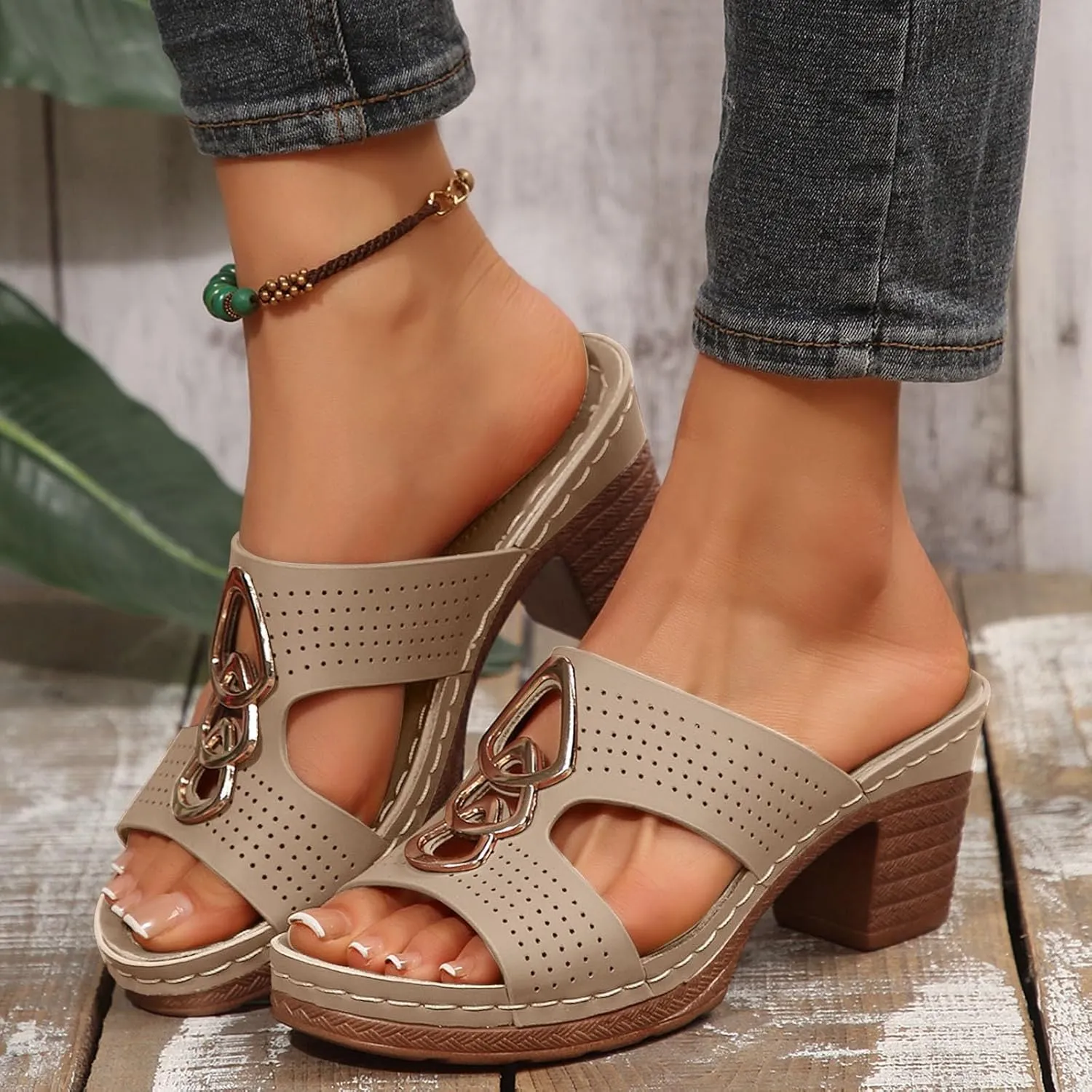 Women's Heeled Sandals Open Toe Slip On Block Womens Chunky Mid Heels Ankle Strap Sandal Metal Decoration Slippers Casual Comfortable Summer Flip Flops Backless Mules Adjustable Slide Walking Shoes