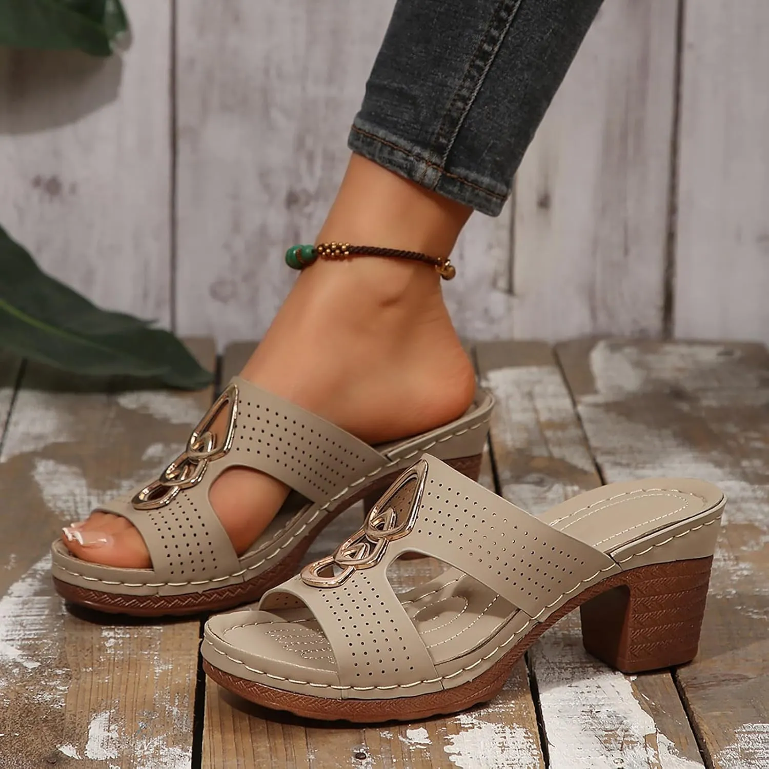 Women's Heeled Sandals Open Toe Slip On Block Womens Chunky Mid Heels Ankle Strap Sandal Metal Decoration Slippers Casual Comfortable Summer Flip Flops Backless Mules Adjustable Slide Walking Shoes