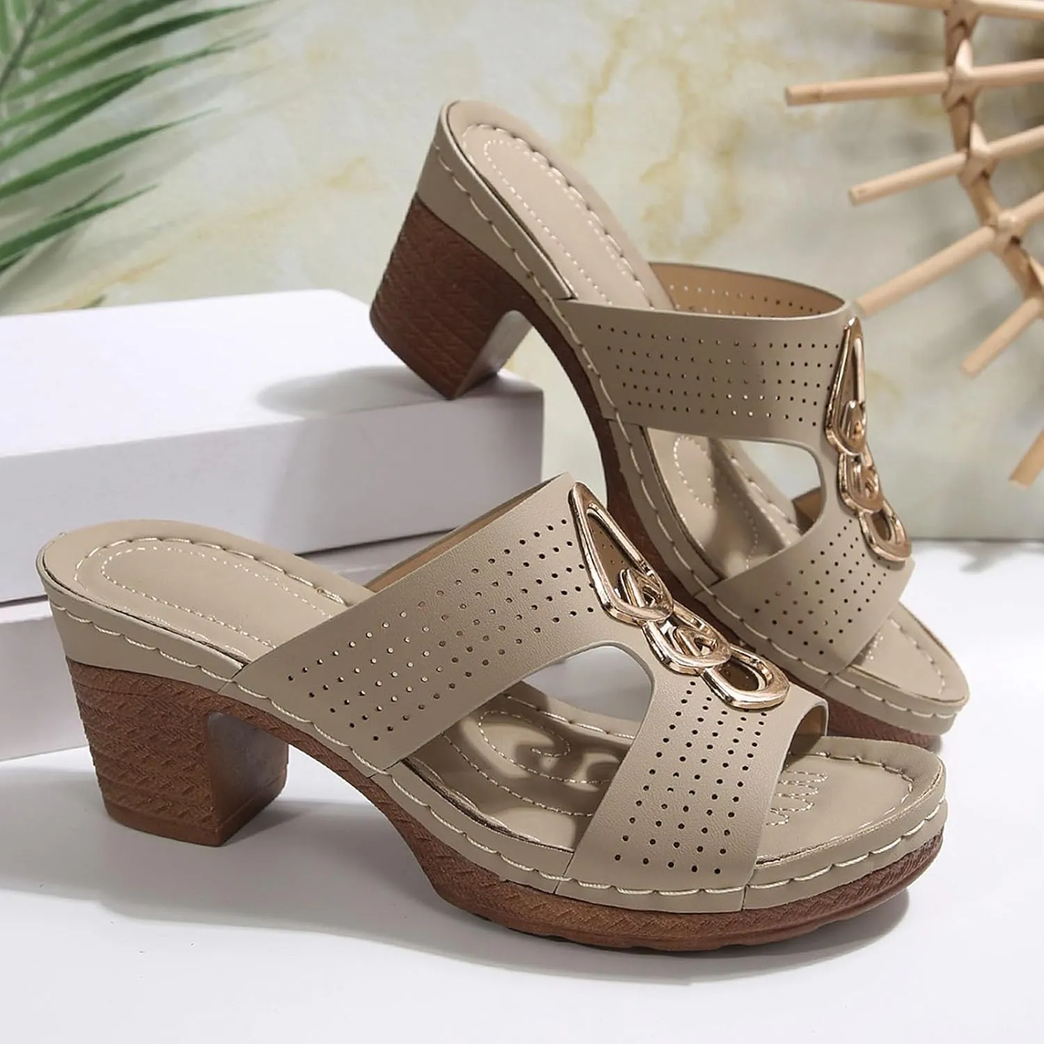 Women's Heeled Sandals Open Toe Slip On Block Womens Chunky Mid Heels Ankle Strap Sandal Metal Decoration Slippers Casual Comfortable Summer Flip Flops Backless Mules Adjustable Slide Walking Shoes