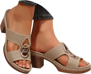 Women's Heeled Sandals Open Toe Slip On Block Womens Chunky Mid Heels Ankle Strap Sandal Metal Decoration Slippers Casual Comfortable Summer Flip Flops Backless Mules Adjustable Slide Walking Shoes