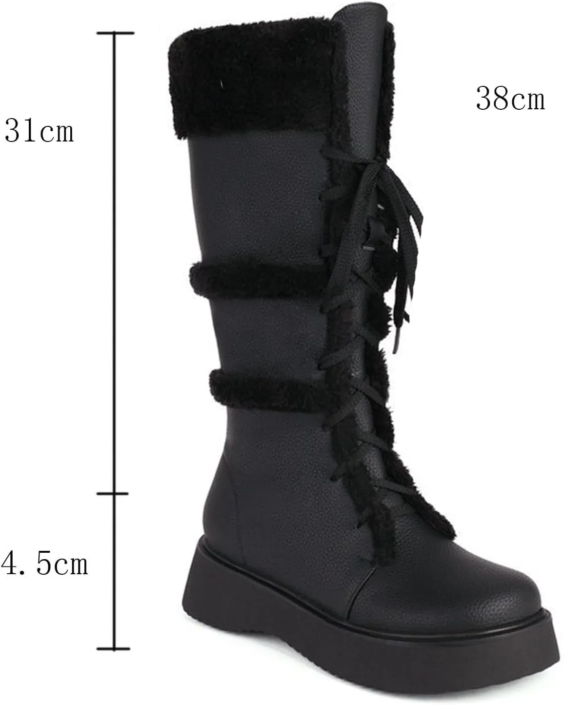 Women's High Boots, Plush Snow Boots Round Toe Thick Bottom Low Heel Front Lace Plush Warm Straight Boots Pu Raw Edge Non-Slip Fashionable and Comfortable Boots