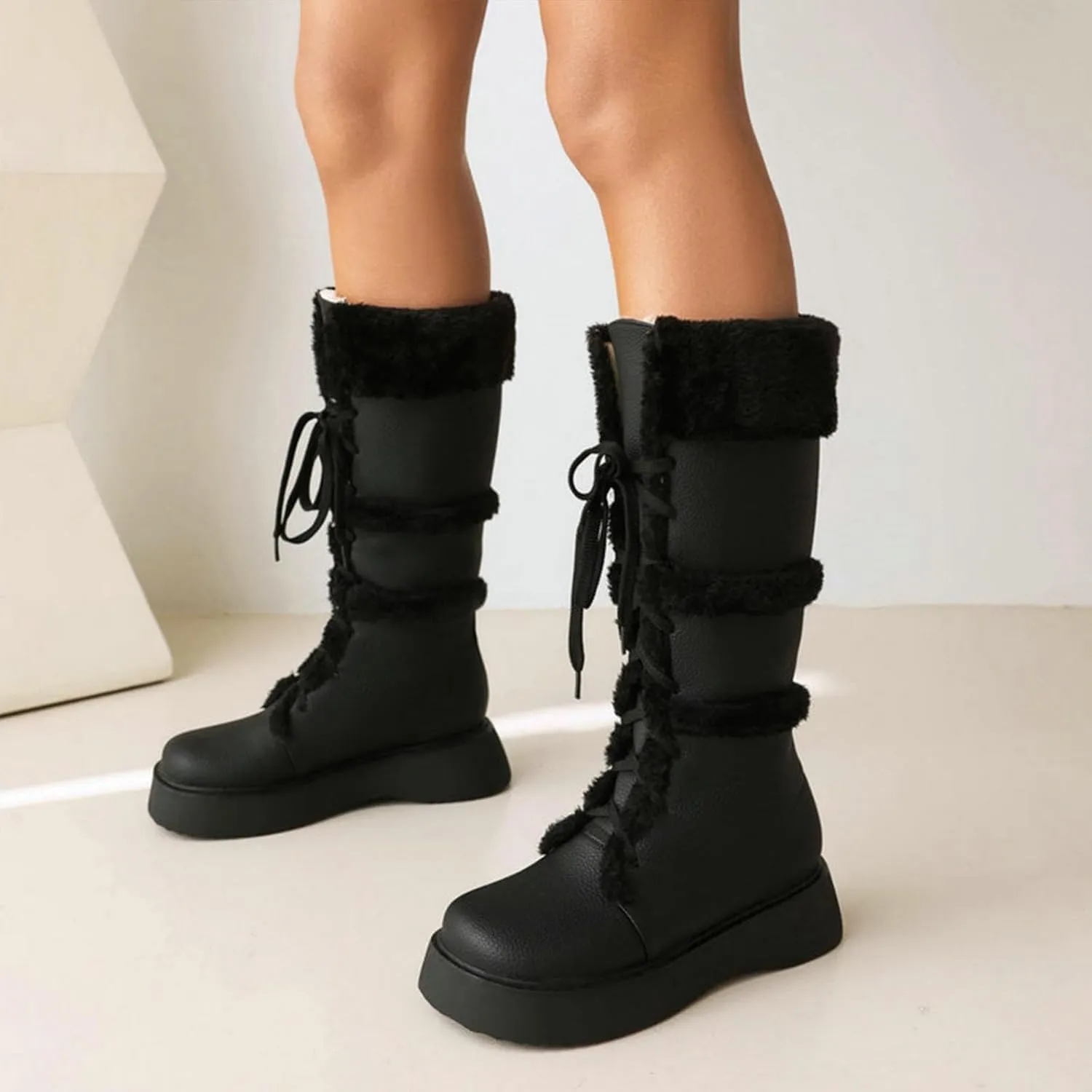 Women's High Boots, Plush Snow Boots Round Toe Thick Bottom Low Heel Front Lace Plush Warm Straight Boots Pu Raw Edge Non-Slip Fashionable and Comfortable Boots