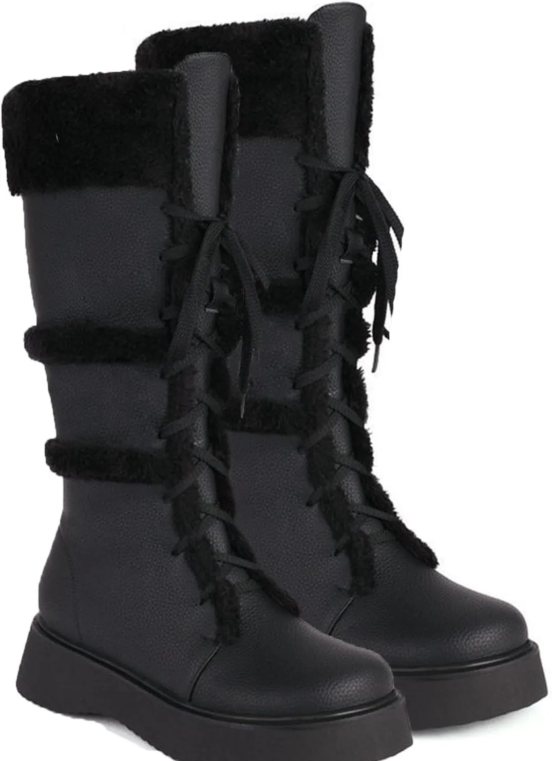 Women's High Boots, Plush Snow Boots Round Toe Thick Bottom Low Heel Front Lace Plush Warm Straight Boots Pu Raw Edge Non-Slip Fashionable and Comfortable Boots