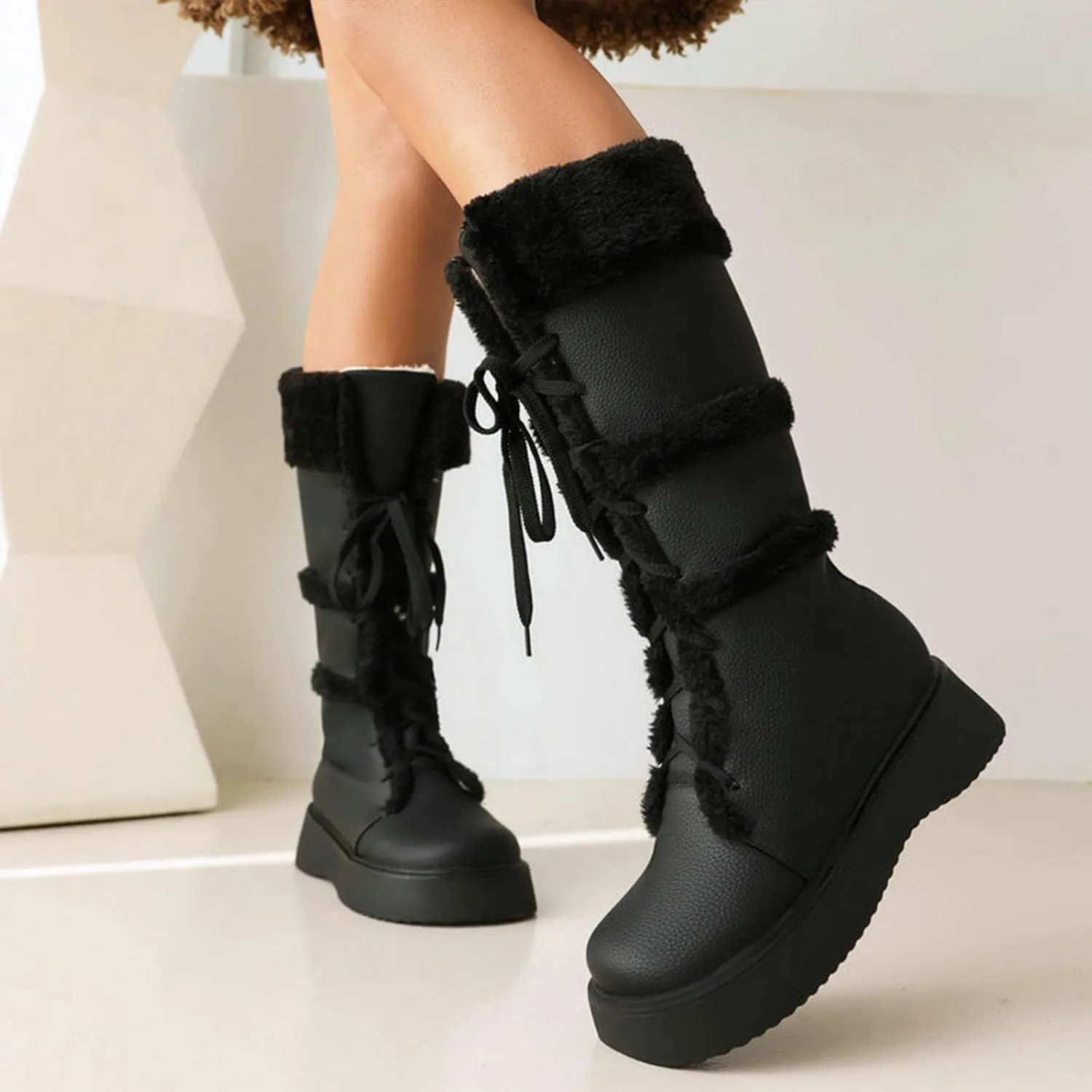 Women's High Boots, Plush Snow Boots Round Toe Thick Bottom Low Heel Front Lace Plush Warm Straight Boots Pu Raw Edge Non-Slip Fashionable and Comfortable Boots