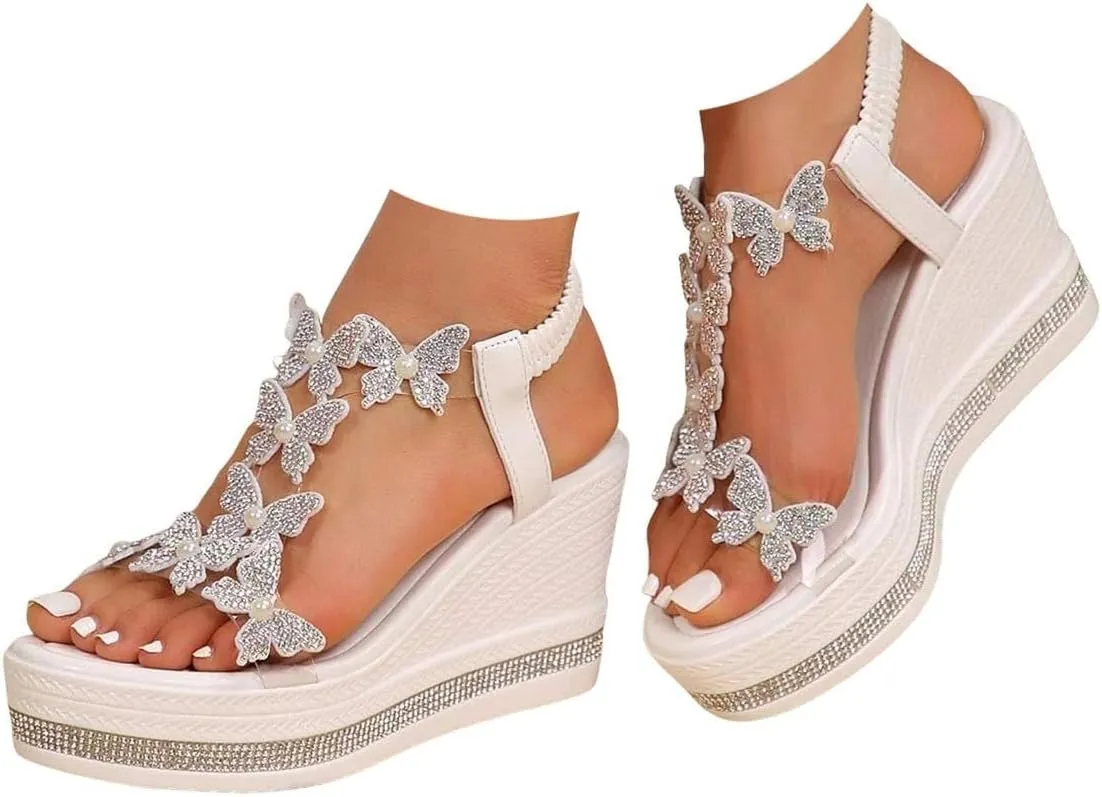 Women's High Heel Wedge Sandals Rhinestone Platform Fashionable Butterfly Decor Cute Women Slides Thick Soled Open Toe T Strap Thongs Shoes with Transparent Elastic Strap Boho Summer Beach