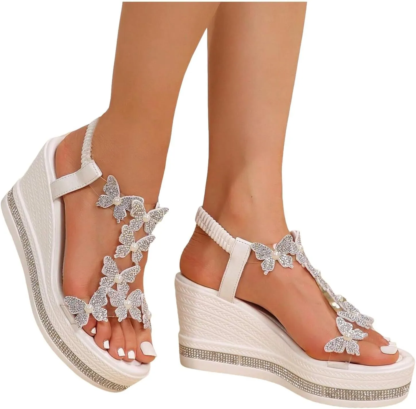 Women's High Heel Wedge Sandals Rhinestone Platform Fashionable Butterfly Decor Cute Women Slides Thick Soled Open Toe T Strap Thongs Shoes with Transparent Elastic Strap Boho Summer Beach