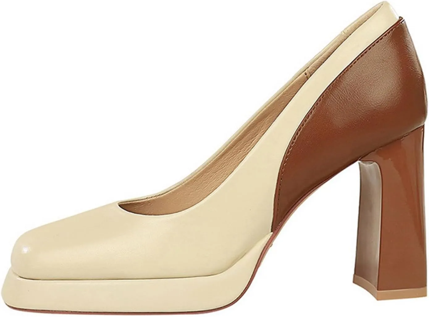 Women's High Heels Sandal Chunky Block Heel Close Toe Pumps Leather Slip On Square Toe Platform Causal Shoes