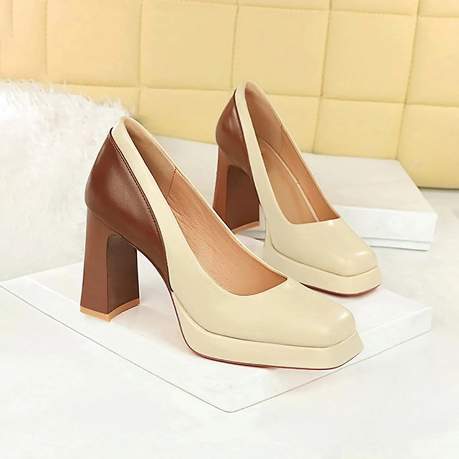 Women's High Heels Sandal Chunky Block Heel Close Toe Pumps Leather Slip On Square Toe Platform Causal Shoes