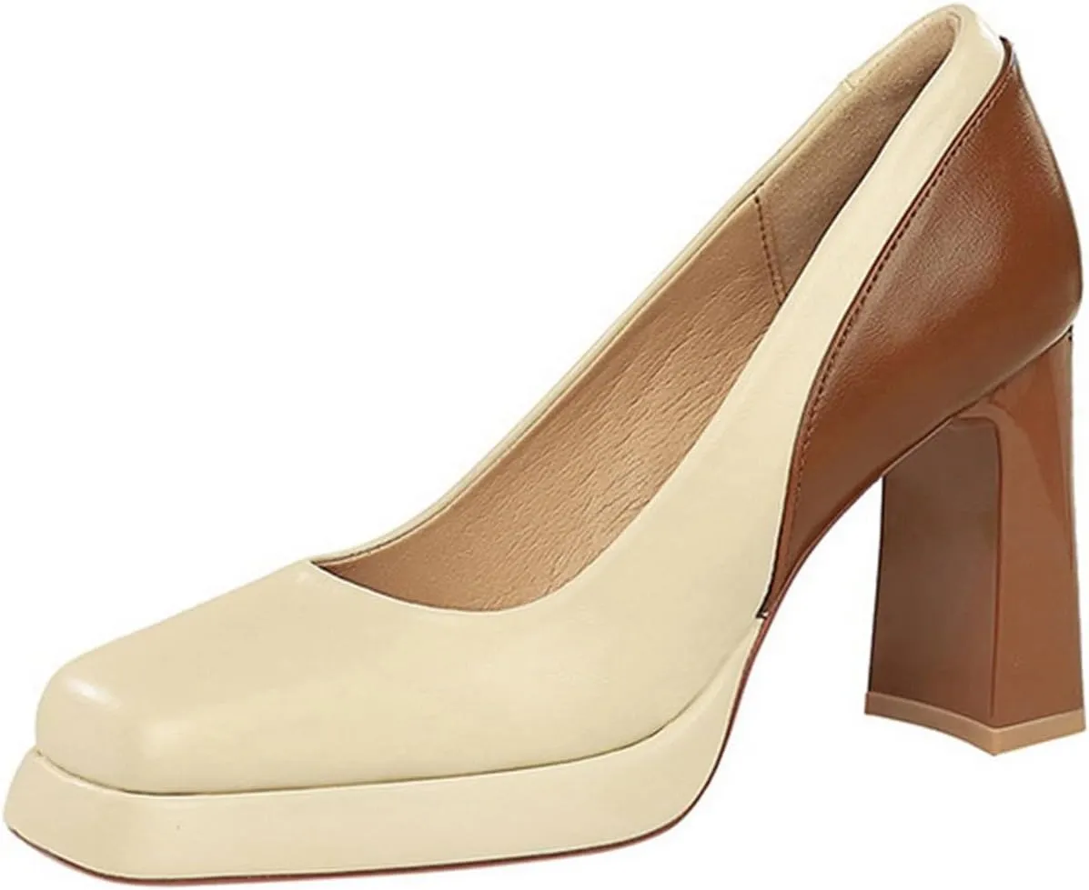 Women's High Heels Sandal Chunky Block Heel Close Toe Pumps Leather Slip On Square Toe Platform Causal Shoes