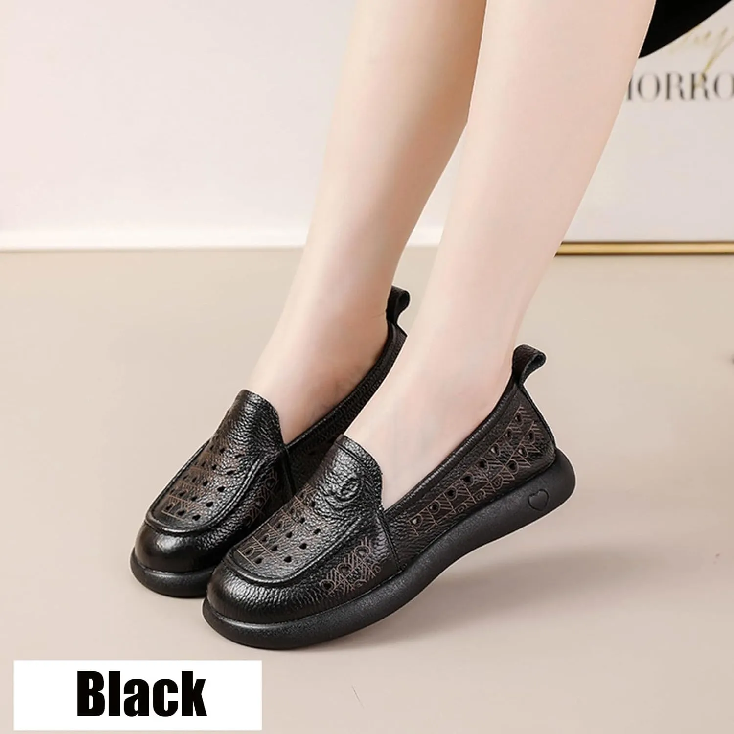 Women's Hollow Leather Soft Sole Loafers,Breathable Comfort Slip On Non-Slip Oxford Softsole Mom Walking Shoes Outdoor Moccasins Low Top Casual Sneakers