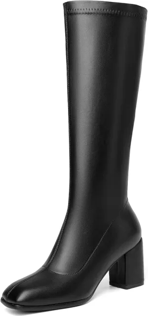 Women's Knee High Boots Square Toe Gogo Boots Long Chunky Heel Boots Fashion Tall Go Go Boots For Women