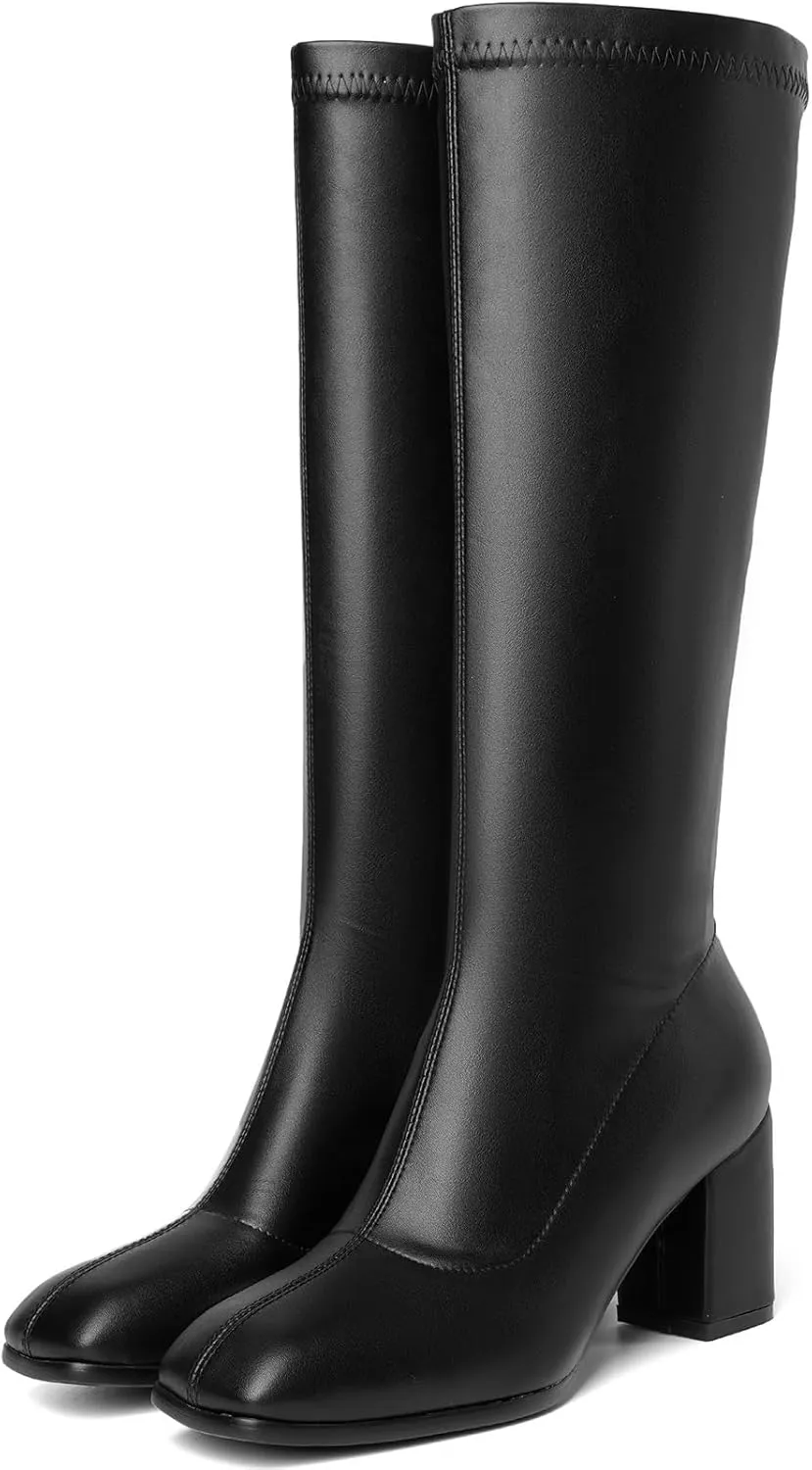 Women's Knee High Boots Square Toe Gogo Boots Long Chunky Heel Boots Fashion Tall Go Go Boots For Women