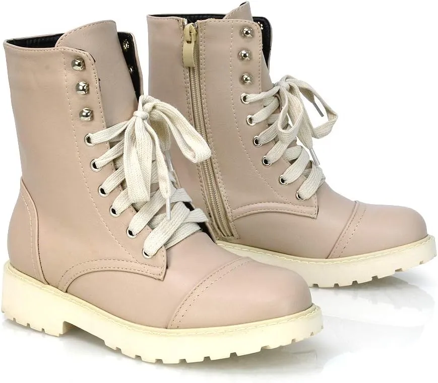 Womens Lace Up Ankle Boots Chunky Grip Sole Ladies Winter Retro Combat Goth Biker Militarty Army Shoes Booties