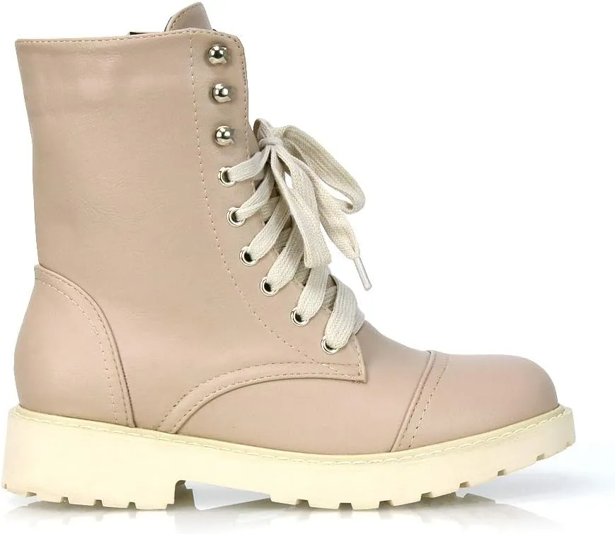 Womens Lace Up Ankle Boots Chunky Grip Sole Ladies Winter Retro Combat Goth Biker Militarty Army Shoes Booties