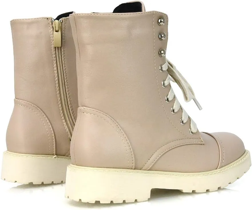 Womens Lace Up Ankle Boots Chunky Grip Sole Ladies Winter Retro Combat Goth Biker Militarty Army Shoes Booties